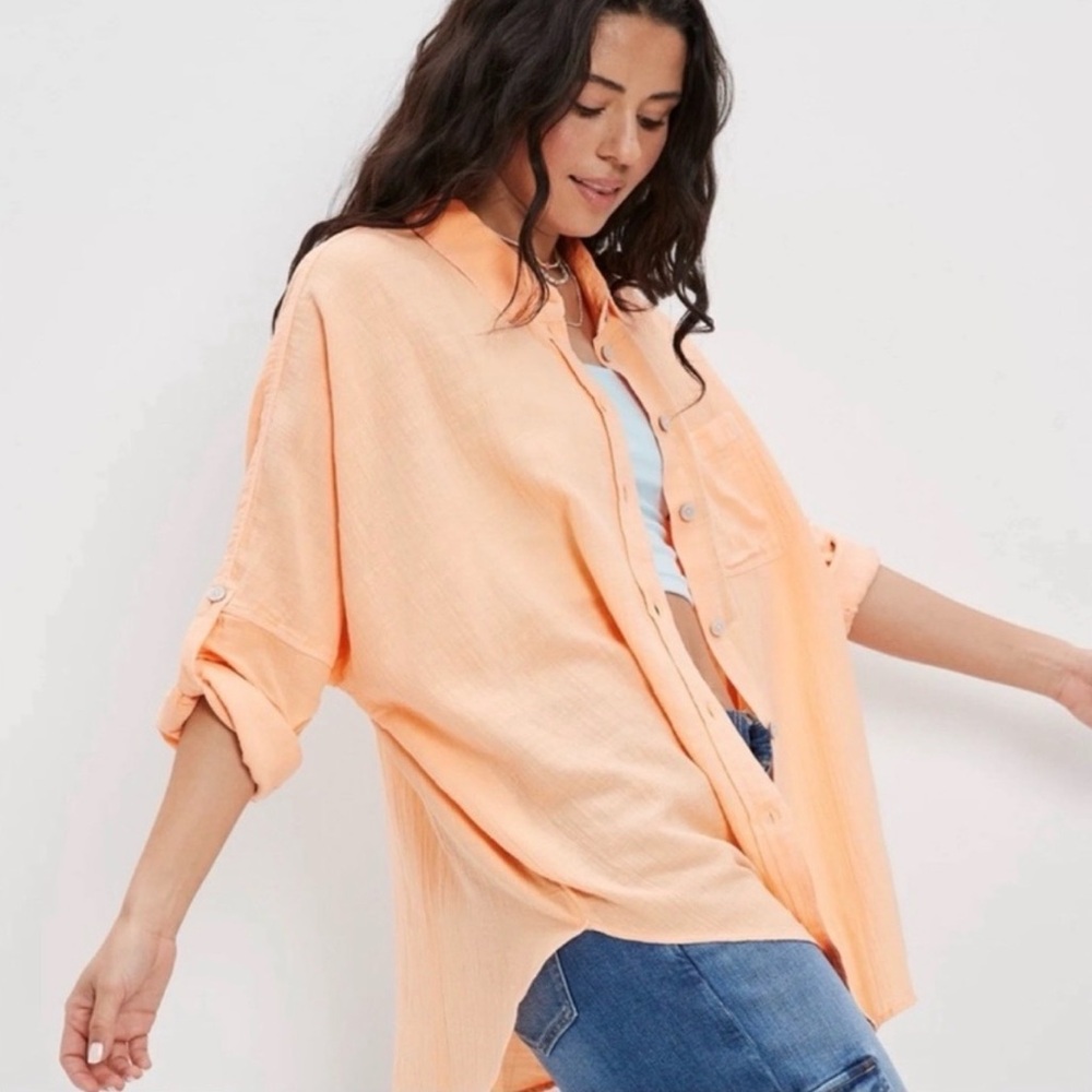 NWT $50 American Eagle AE Go Big Oversized Button-Up‎ Shirt Orange Medium Baggy